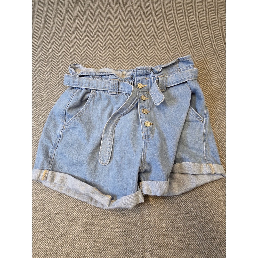 Wax Jean Shorts Women's Large Blue Denim Button Fly Rolled Hems Paperbag Waisted